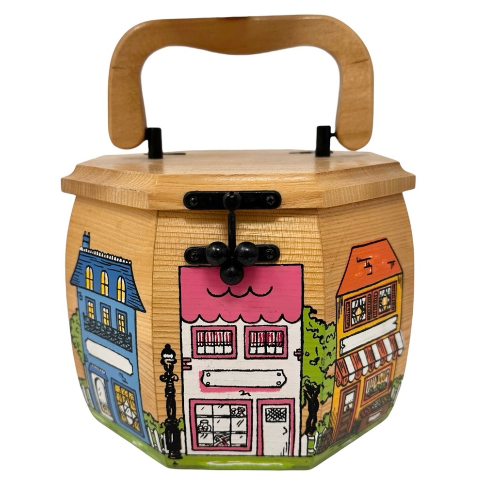 Vintage 70’s Octagon Hand Painted Wood Storage Box Purse Handbag